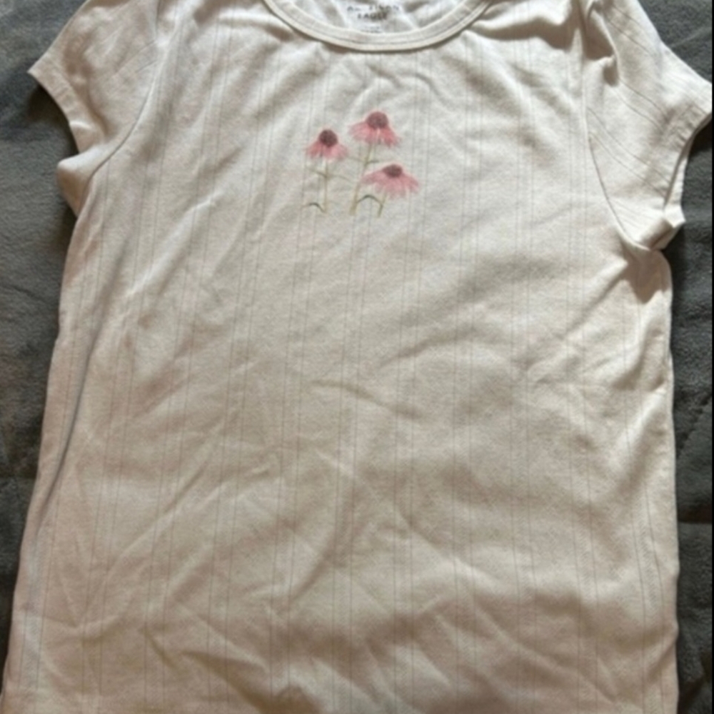 American Eagle Outfitters Cream Tee with Pink Floral Embroidery